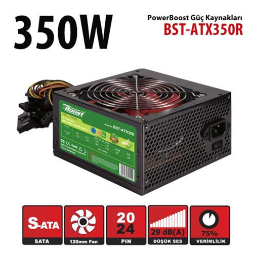 PowerBoost BST-ATX350R 350w, PPFC 12cm Kırmızı Fanlı ATX PSU (Retail Box) (KDO)