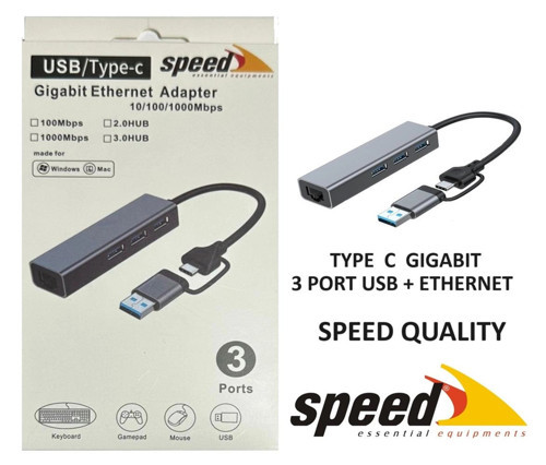 UET01 10-100-1000 USB - Type c 3 Port USB 3.0 Çoklayıcı Gigabit Ethernet Çevirici (KDO)