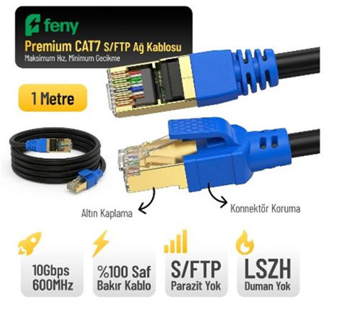 Feny FN-CAT7LS01 10GBPS İnternet 60MHZ 1 Metre CAT7 Gold Patch Kablo (Yanmaz- yüzde 100 Saf Bakır) (