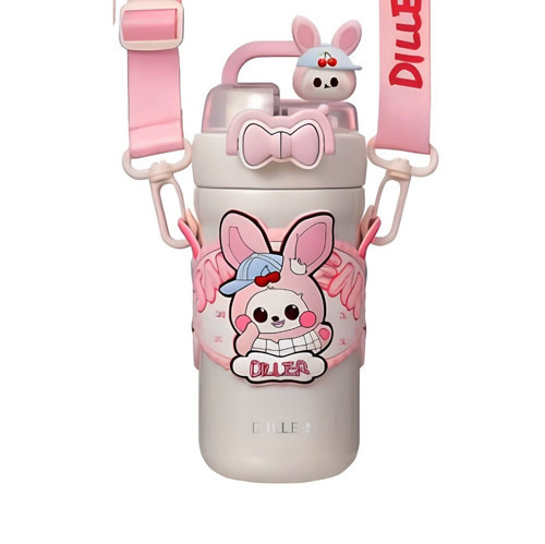 Pembe Tavşan Paslanmaz Çelik Desenli Termos 490 Ml (Karışık Renk, 1 Adet)