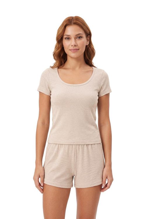 Premium - Neat Collection | Bej Rib Dokulu Yuvarlak Yaka Modal Viskon Şortlu Kadın Pijama Takımı