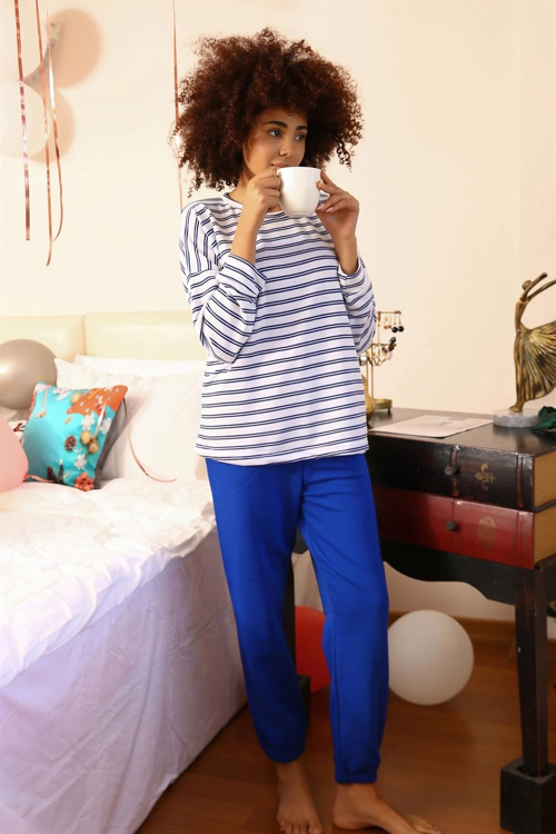 Kadın Uzun Kol 3 İplik Penye Pijama Takım Beyaz