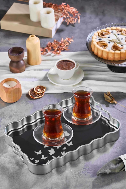 Dijital Baskılı Cam Servis Tepsisi – Kelebek Motifli, 40x28 cm