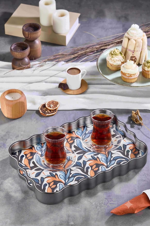 Dijital Baskılı Cam Servis Tepsisi – Ebruli Motifli, 40x28 cm