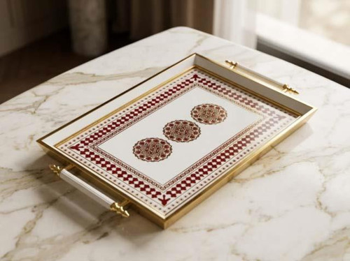 Dijital Baskılı Cam Servis Tepsisi – Sedef Motifli, Metal Kulplu 46x28 cm