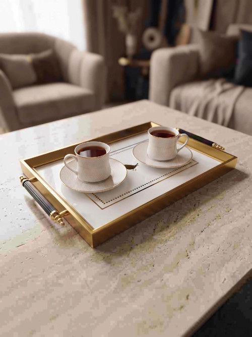 Dijital Baskılı Cam Servis Tepsisi – Kuş Motifli, Metal Kulplu 46x28 cm