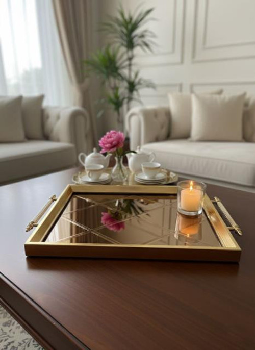 Aynalı Cam Servis Tepsisi – Gold Çerçeveli, Metal Kulplu 46x28 cm