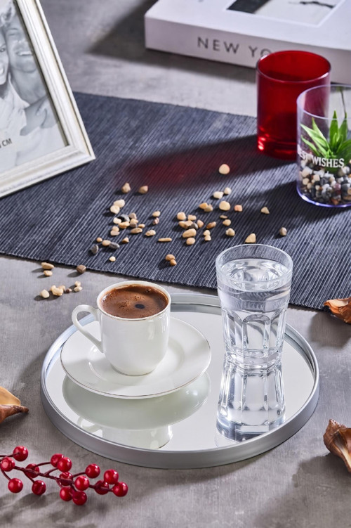Aynalı Yuvarlak Sunum Tepsisi – Gümüş Çerçeveli 24 Cm 2 Adet İster Tepsi / İster Duvar Aynası
