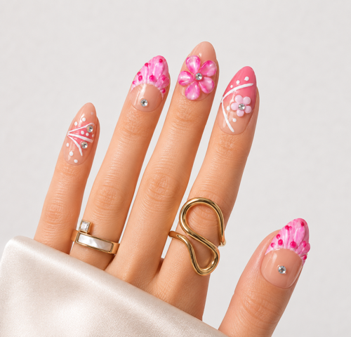 Pembe Nail Art Kısa Badem El Yapımı Jel Takma Tırnak KKBD1784