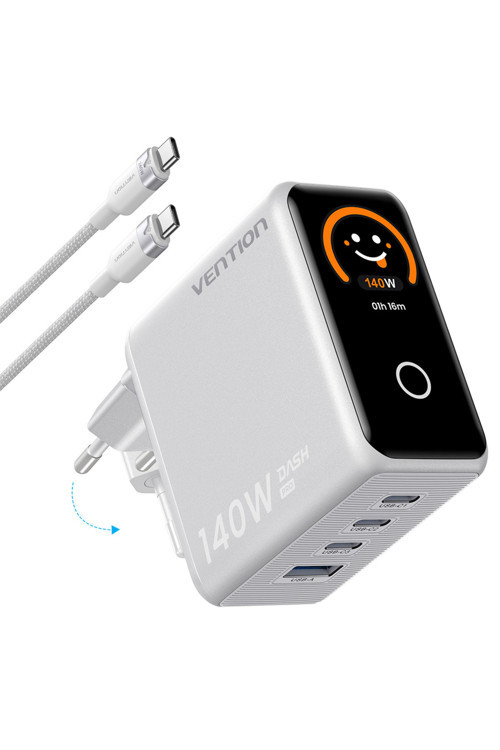 Dash Pro 140W Gan 5.0 Akıllı Ekranlı Emojili Hızlı Şarj Aleti - 4 Portlu (240W Kablo Dahil), Beyaz, Tz-Fco