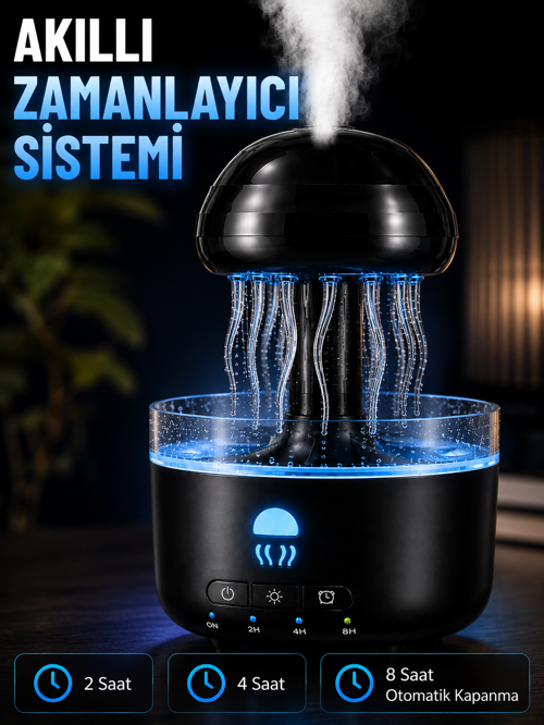 Denizanası Tasarımlı Ultrasonik Hava Nemlendirici RGB LED Işıklı Sessiz Buhar Makinesi Zaman A