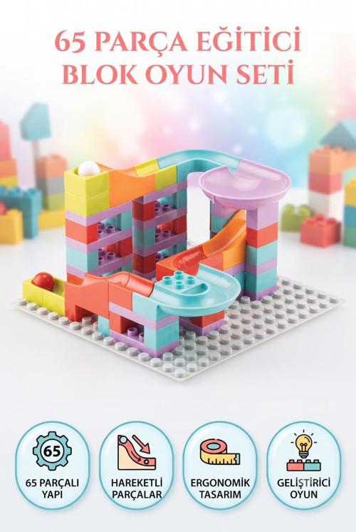 Slide Blocks 65 Parça Parkuru Top Kaydırağı ve Blok Birleştirme Eğitici Beceri Geliştirme Seti