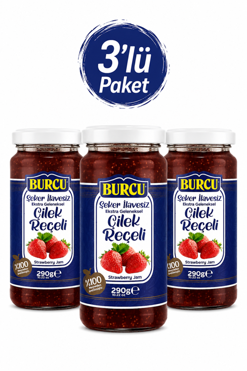 %100 Meyveden Üretilmiş Şeker İlavesiz Çilek Reçeli 290 gr x 3 Adet
