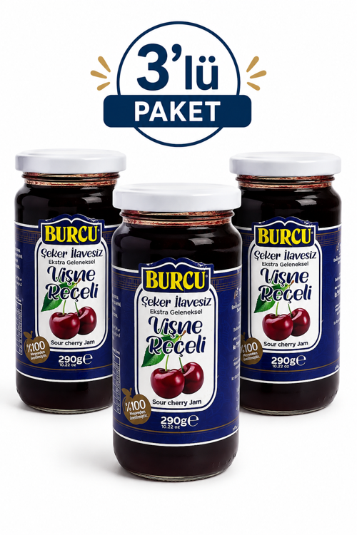 %100 Meyveden Üretilmiş Şeker İlavesiz Vişne Reçeli 290 gr x 3 Adet