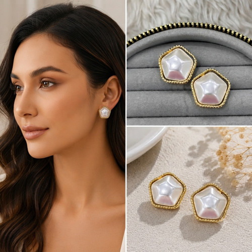 💎 Premium Parlak Gold Renk İnci Görünümlü Beşgen Kadın Bijuteri Küpe