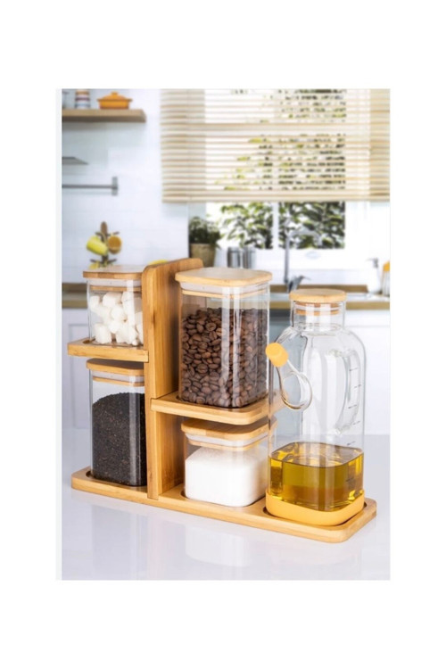 Bambu Stantlı 800 Ml Yağdanlıklı Bambu Kapaklı Borosilikat Cam Baharatlık Seti 6 Parça