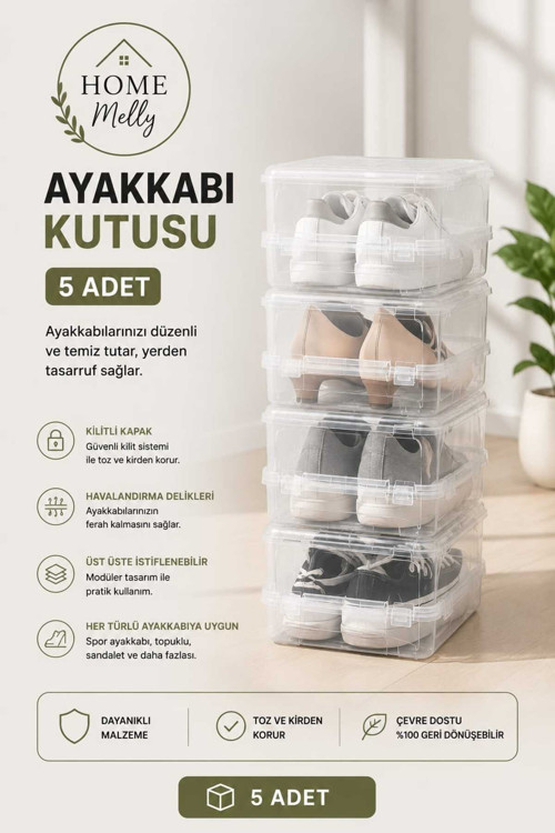 5 Adet Şeffaf Ayakkabı Kutusu – Dayanıklı, Üst Üste Istiflenebilir, Bay & Ayakkabı Için