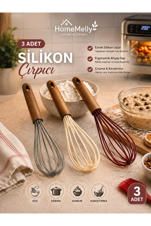 3’Lü Silikon Çırpıcı Seti Ahşap Saplı Yumurta Krema Hamur Karıştırıcı Mutfak Çırpma Teli