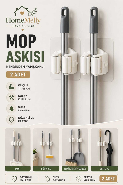 2 Adet Kendinden Yapışkanlı Duvar Tipi Sopa Mop Tutucu Mop Askısı