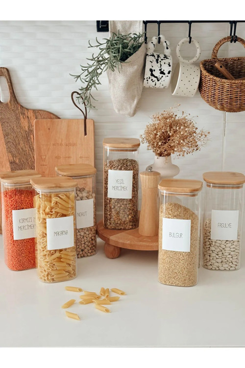 1300 Ml Bambu Kare Kapaklı Cam Kavanoz Seti 3 Adet