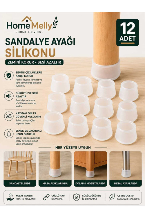 12’Li Silikon Ayak Kılıfı – 2,5-8 Mm Kaydırmaz, Parke Dostu, Ses Önleyici Mobilya Koruyucu
