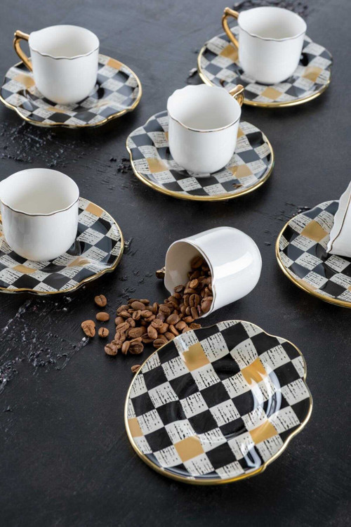 Enzo Chess 6 Kişilik Cam Tabaklı Porselen Fincan Takımı Seti - 90 Ml