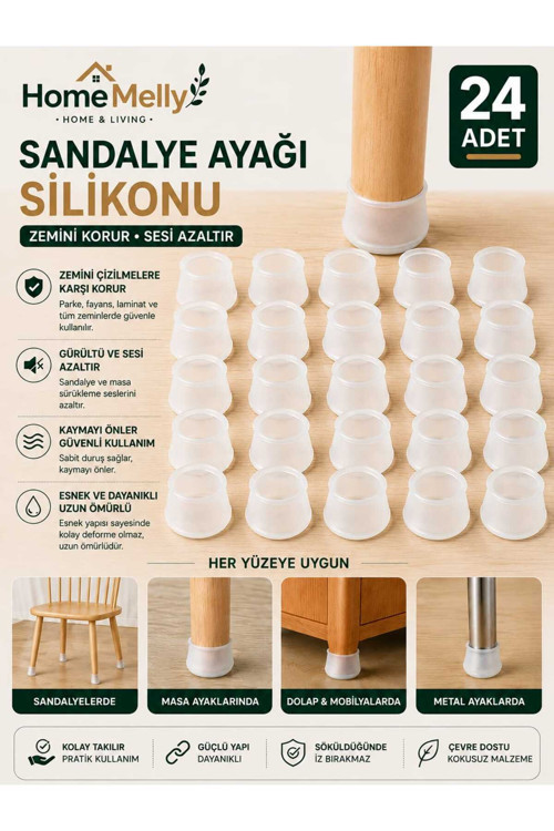 Silikon Masa Sandalye Ayak Koruyucu Kaydirmaz Sessiz Parke Cizilme Onleyici 24’Lu Set