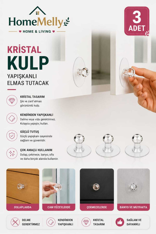Kendinden Yapışkanlı Çekmece & Dolap Düğmesi – Çok Amaçlı Dolap Kapı Tutucu, 3’Lü Set