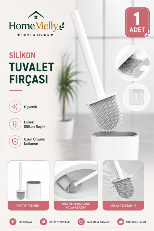 Klozet Temizleme Fırçası Tuvalet Banyo - Silikon Tutucu Set Beyaz Renk Fırca