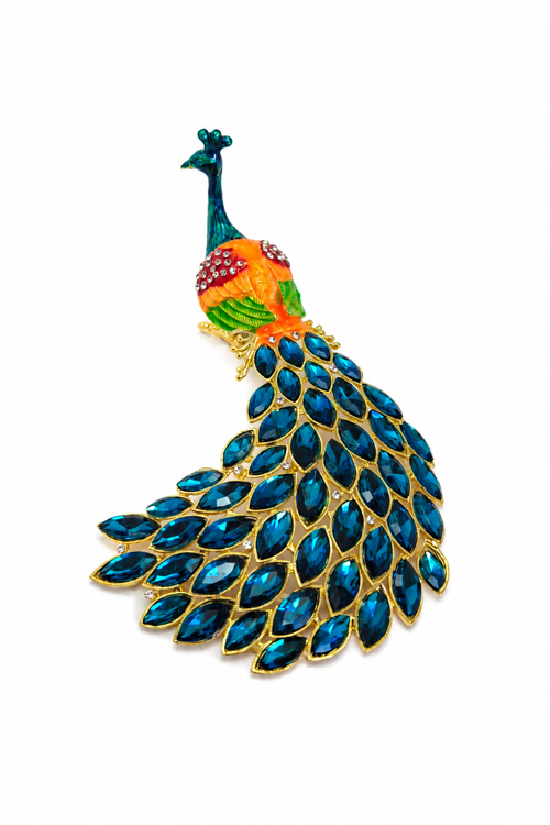 Kristal Taşlı Metal Tavus Kuşu Biblo 18x10 cm Dekoratif Hediyelik Masa ve Salon Süsü Lüks Ev Dekoru