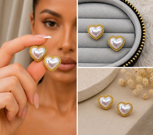 💎 Premium Parlak Gold Renk İnci Görünümlü Kalp Model Kadın Bijuteri Küpe