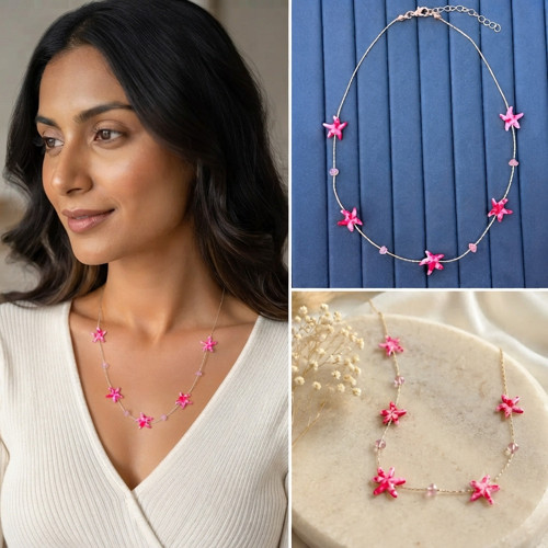 💎 Premium Parlak Gold Renk Pembe Deniz Yıldızı Figürlü Boncuk Detaylı Zincir Kadın Bijuteri Kolye (45cm)