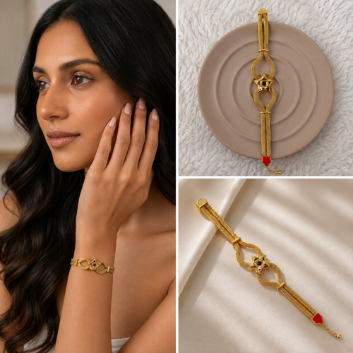 💎 Premium Parlak Gold Renk Yıldız Figürlü Göz Detaylı Çok Sıralı 316L Çelik Kadın Bileklik (22cm)