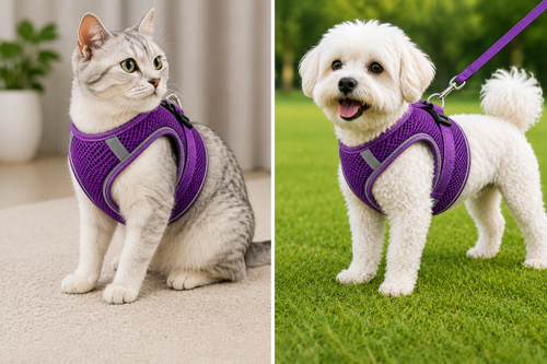 Nefes Alan Kumaş Air Mesh Kedi Köpek Göğüs Tasması XX Small 28x32 cm Mor