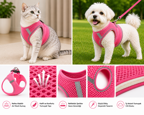 Nefes Alan Kumaş Air Mesh Kedi Köpek Göğüs Tasması XX Small 28x32 cm Neon Pembe