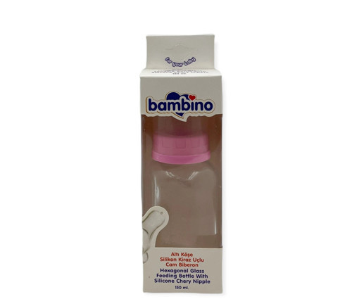 Altı Köşe Silikon Kiraz Uçlu Cam Biberon 150ml - Pembe