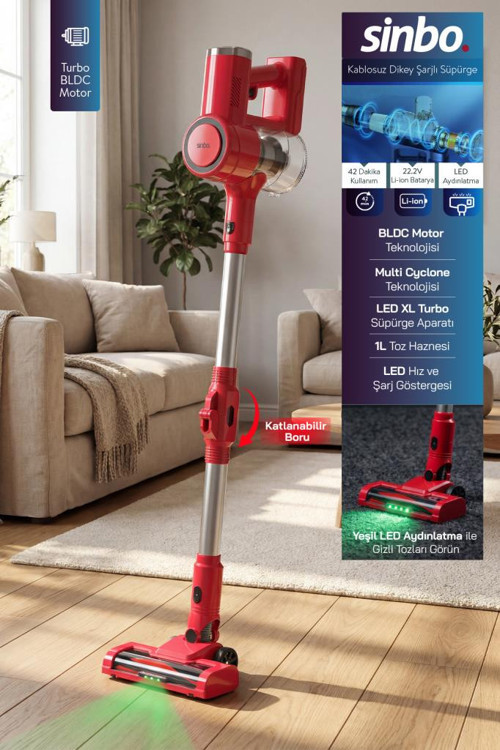 SVC-8642 Kablosuz Dikey Şarjlı Süpürge 22.2V BLDC Motor LED Işıklı Turbo Başlık 1L Toz Hazneli
