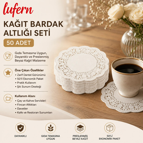 Dayanıklı Kağıt Bardak Altlığı Seti 50'li Paket Dantel Tasarımlı Kafe Restoran Çay Kahve Servis