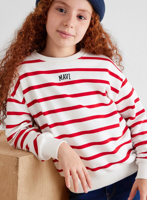 Mavi M7S10038-82054 Logo Baskılı Çizgili Kız Çocuk Sweatshirt