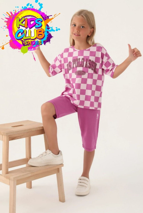 U.S. Polo Assn. Lisanslı US1811 Plaid T-Shirt ve Kapri Alt Üst Kız Çocuk Takımı
