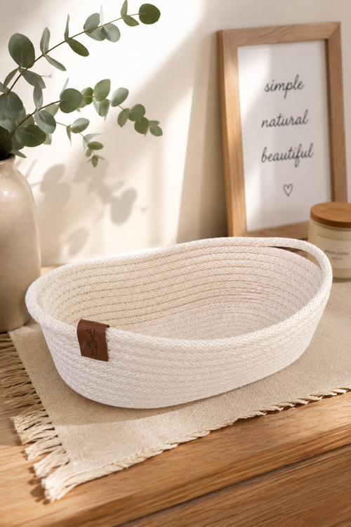 Tekli Dekoratif Oval Sepet 24*8 Cm Krem Jüt Düzenleyici Organizer