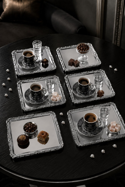 Liva 6'lı Gümüş Çerçeveli Kendinden Desenli Paslanmaz Çelik Sunum Tepsi 22c22 Cm Kahve Sunum