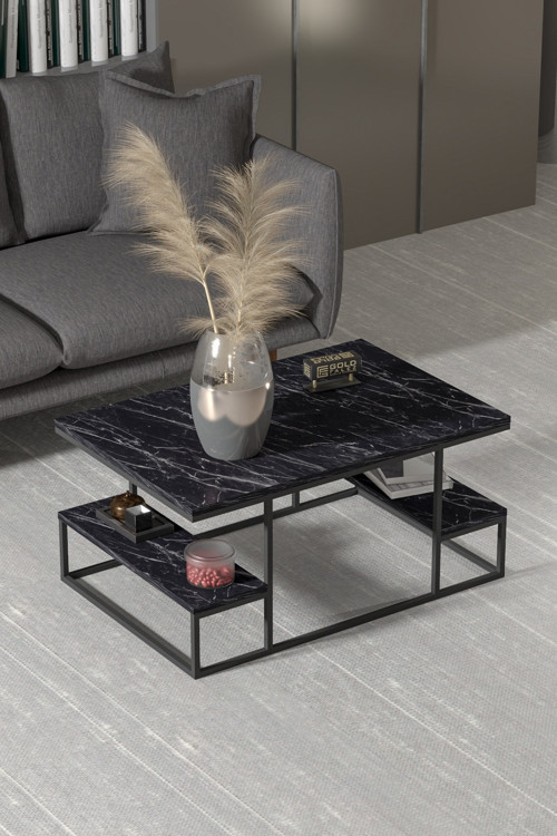 Falez Deluxe Raflı Orta Sehpa 60x90 cm Modern Dikdörtgen Orta Sehpa Siyah Mermer Desen