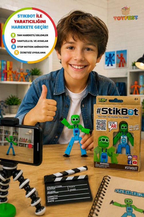 StikBot Mavi Tulumlu Yeşil Stop Motion Aksiyon Figürü Hareketli Robot Oyuncak Vantuzlu Zing 8 cm
