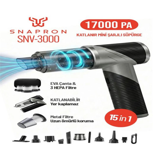 SNV-3000 17000PA 2000Mah 15in1 Güçlü Vakum Ve Üflemeli Şarjlı Katlanabilir Araç Süpürgesi (K