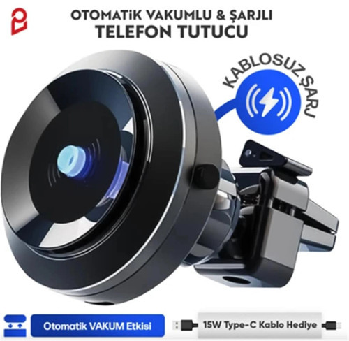 Otomatik Vakumlu Kablosuz Şarjlı Araç İçi Telefon Tutucu (KDO)