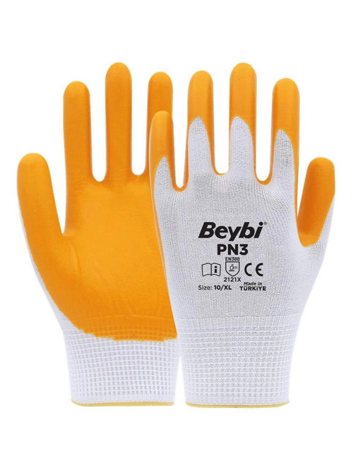 PN3 Beyaz Sarı 10 Beden Polyester Örme Nitril Eldiven 12li Paket EN388 (2121X) (KDO)
