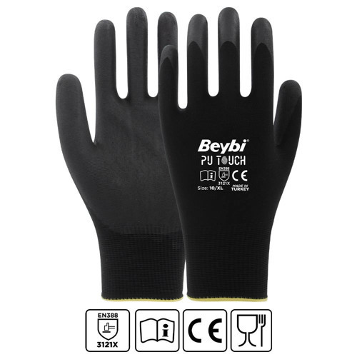 7 Beden 12li Paket Poliüretan Kaplı Pu Touch Siyah Montaj Eldiven EN388 (3121X) (KDO)