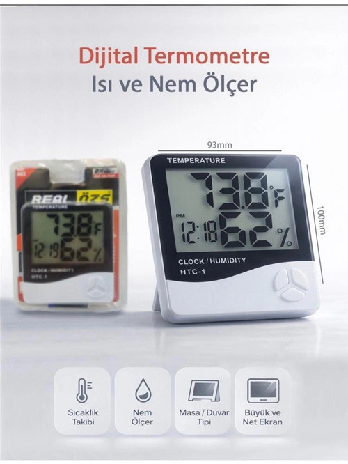 Real Özs HTC-1 Dijital Saat -Alarm - Termometre- Isı Ve Nem Ölçer (KDO)