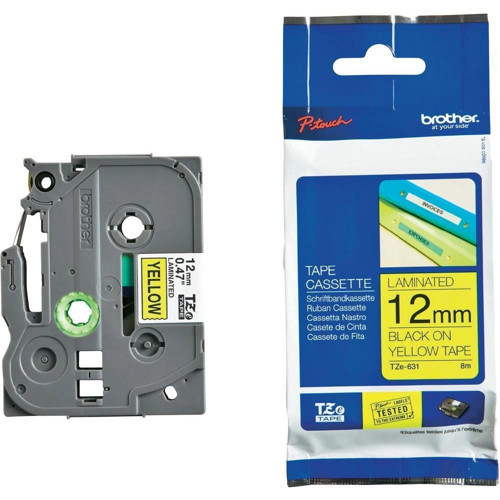 TZE-631 12 mm Sarı Üzeri Siyah Laminasyonlu Etiket (KDO)